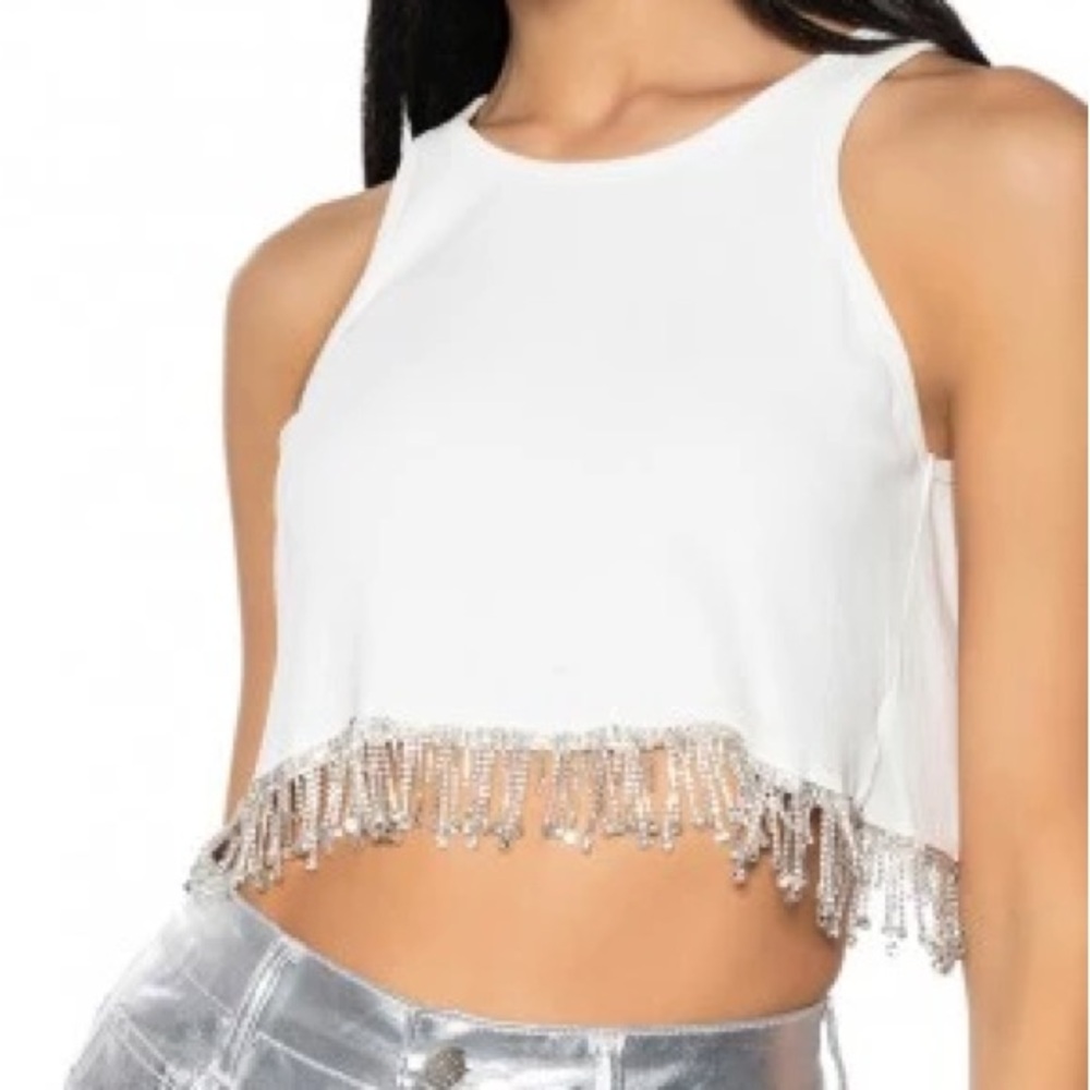 Akira rhinestone fringe white crop top